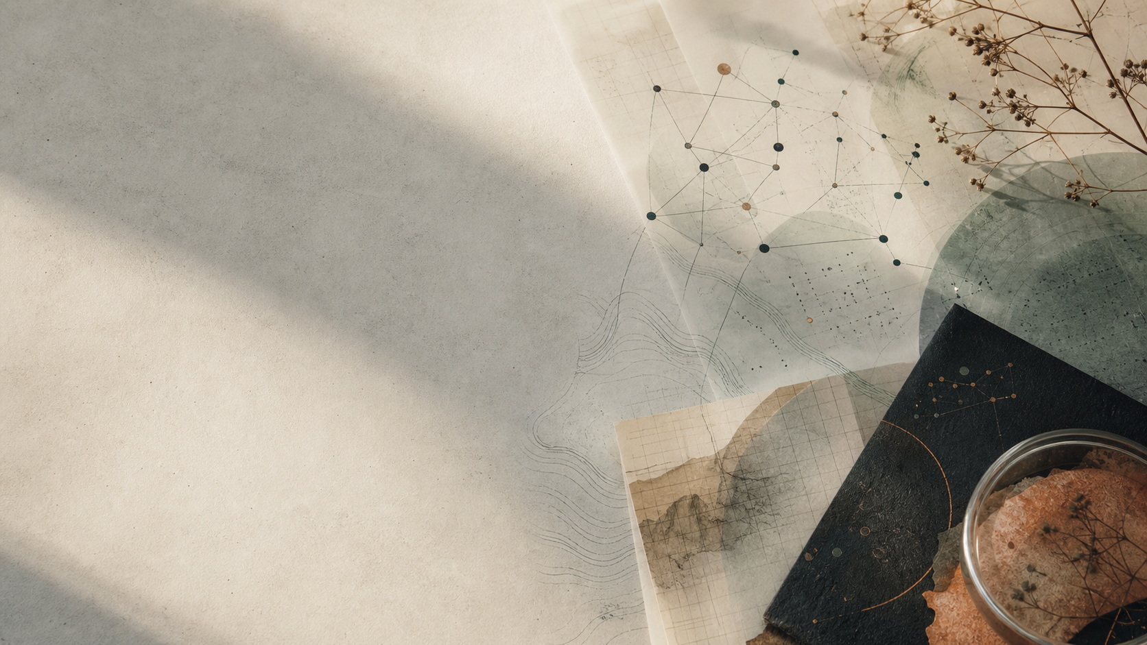 Abstract research desk with data contours and manuscript textures